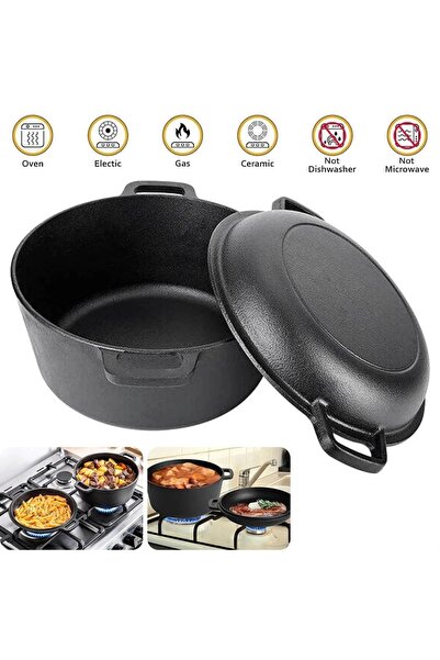 YESMAX Cast Iron 4L Dutch Oven with Lid, Cast Iron Pans, 2-in-1 Combo Cooker ...