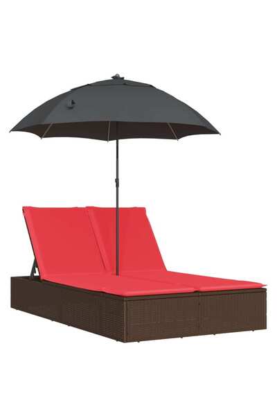 vidaxl Șezlong dublu cu perne/umbrelă de soare, maro, poliratan
