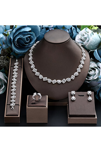 jewerlystore طقم مجوهرات الزفاف الفاخر المكون من 4 قطع مرصع بالكامل بالزركوني...