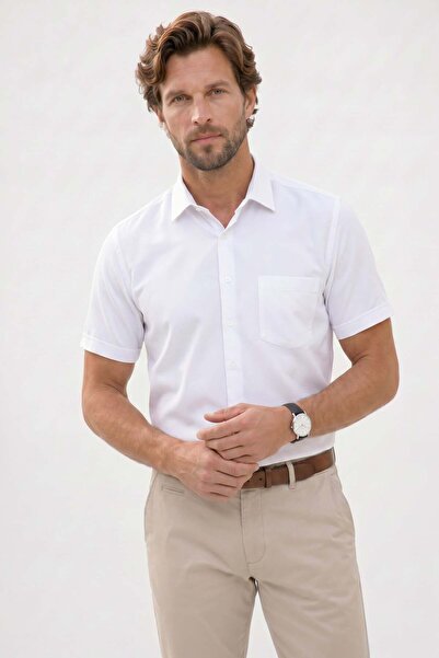 Tudors Men's Regular Fit Classic Cut Cotton Short Sleeve Dobby White Shirt