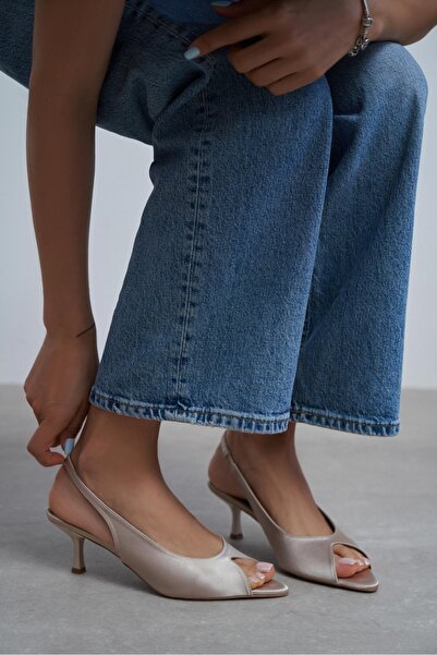 NİŞANTAŞI SHOES Salva Sand Beige Satin Pointed Toe Open Front Women's Heeled ...