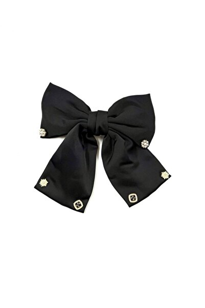 MD Moda Accessories مشبك شعر بفيونكة من الساتان الأسود مع تفاصيل حجرية