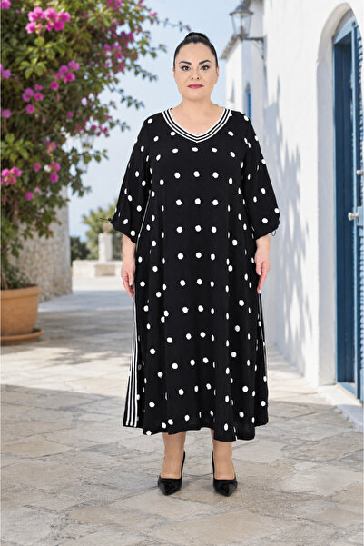 DARKWIN Plus Size V-Neck Polka Dot Patterned Side Line Detailed Relaxed Fit M...