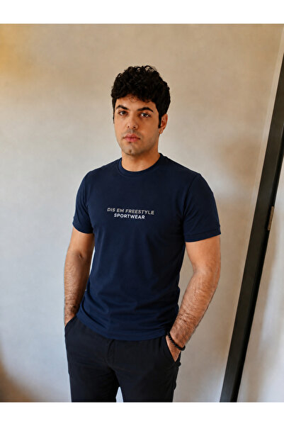 Lacivert Erkek Slim Fit Baskılı Tişört