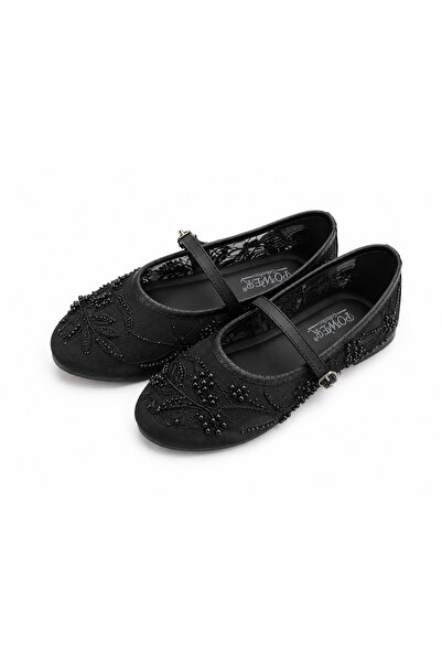star shoes حذاء باليه نسائي أسود مطرز باللؤلؤ بنمط زهري وخرز من التول الشفاف