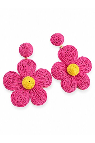 serelya Brass Pink Daisy Model Gold Color Women's Straw Earrings