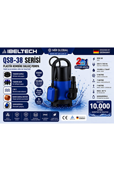 İBELTECH 550W Kombine Dalgıç Pompa 2’si 1 Arada Şamandıralı 10.000 L/Saat Tem...