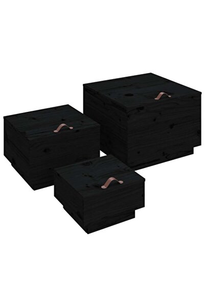 vidaxl Storage boxes with lids 3 pcs. black solid pine wood