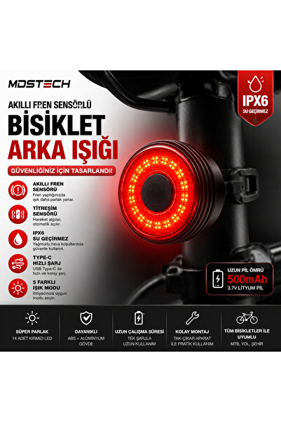 MDSTECH Akıllı Fren Sensörlü Bisiklet Arka Işığı IPX6 Su Geçirmez USB Type-C ...