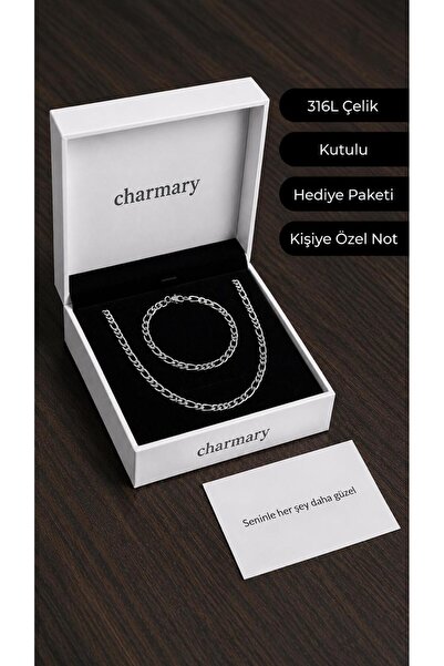 Charmary Erkek Çelik Kolye ve Bileklik Set 2'li Sevgililer Günü Hediyesi Şık ...