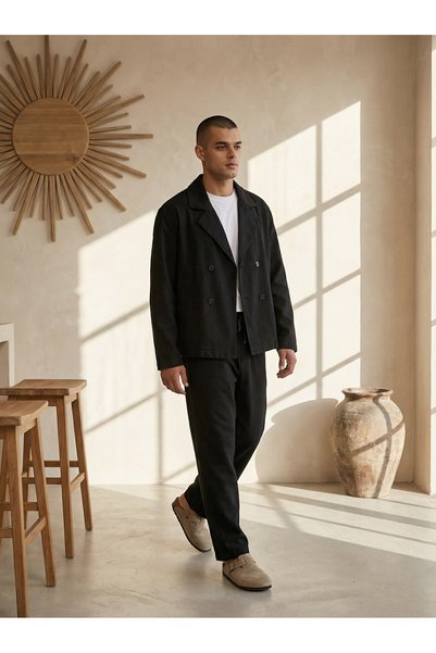 MATTİMODA Erkek Keten Ceket Pantolon Siyah Alt Üst Takım