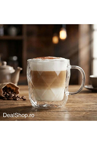 dealshopromania Set de 2 căni din sticlă termorezistentă cu perete dublu, 330...