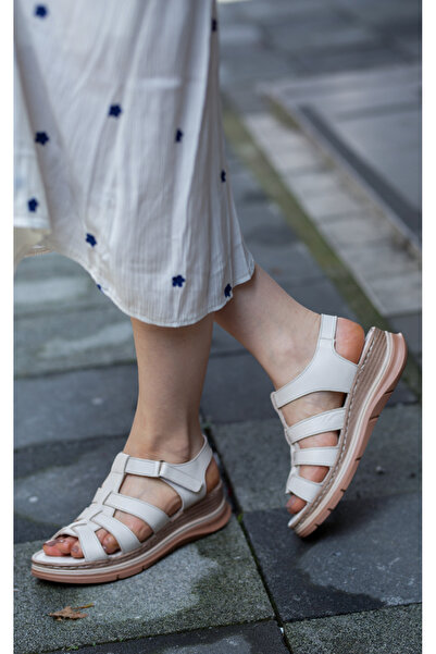 Mammamia 2600 Eren Shoes&Bag Hakiki Deri Bej Cırt Bantlı Ortopedik Kadın Sand...