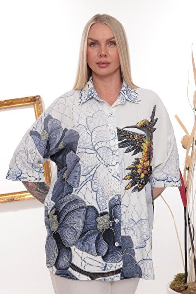 JERFİ Women's Plus Size Stone Printed Fabric Shirt
