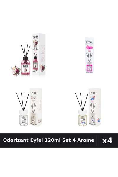 Eyfel Set 4 Odorizante Camera cu Betisoare 120ml - Bouquet, Bubble Gum, Bumba...