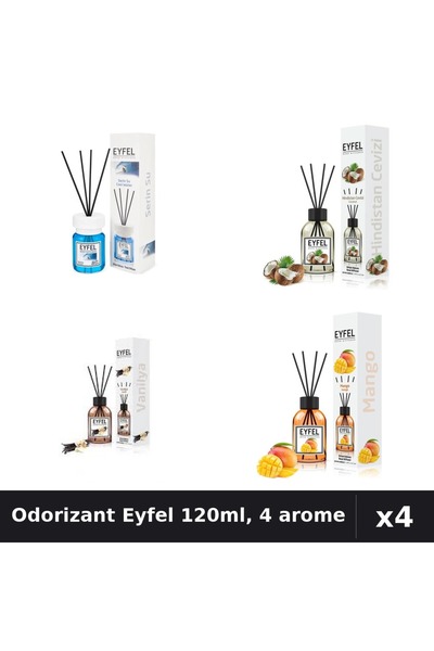 Eyfel Set 4 Odorizant Camera cu Betisoare 120ml - Cool Water, Mango, Nuca Coc...