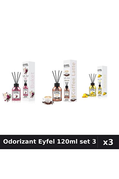 Eyfel Set 3 Odorizante Camera cu Betisoare 120ml - Bouquet, Cafea, Ananas