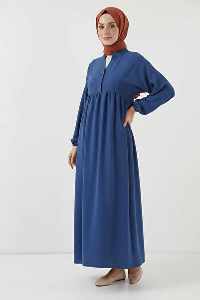 Şeker Portakalım Women's Round Neck Gathered Waist Long Sleeve Indigo Hijab D...
