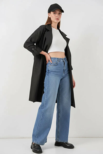 buğrahayalin Women's Double-Breasted Collared Lined Black Trench Coat