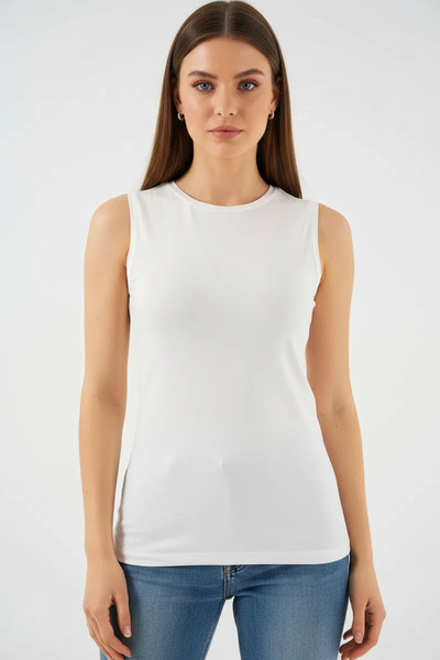 buğrahayalin Women's Round Neck Sleeveless Viscose Ecru Bodysuit
