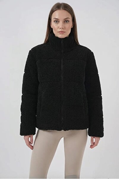 buğrahayalin Women's High Collar Plush Black Coat