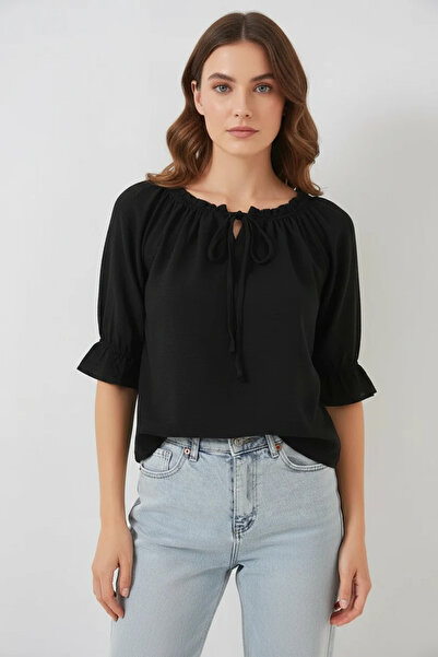 buğrahayalin Women's Round Neck Ruffle Detailed Sleeve Viscose Black Blouse