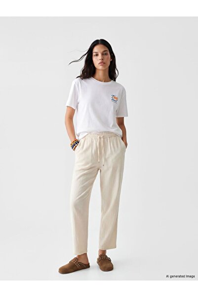 LC Waikiki Xside Beige Elastic Waist Muslin Women's Trousers