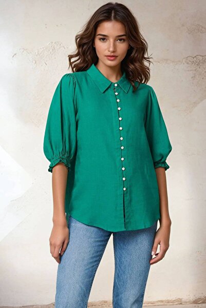 ROHBOUTIQUE Bluză casual din amestec de bumbac și in, verde smarald