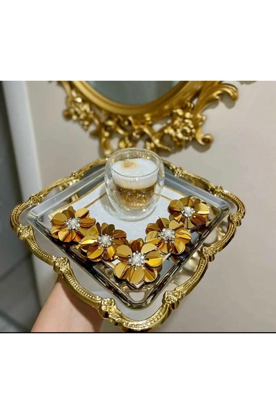 Elzemm store PASLANMAZ ÇELİK KARE 6 ADET PLASTİK GOLD ÇERÇEVELİ SERVİS VE SUN...
