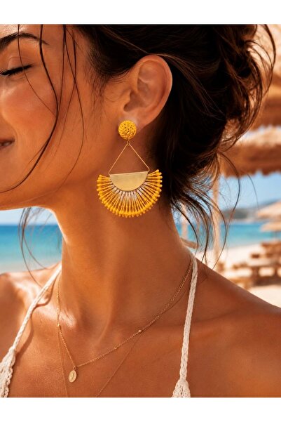 ACAR TAKI Stylish, Yellow Color Straw Fan Earrings for the Beach and Holidays...