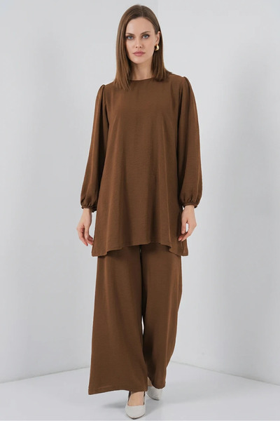 buğrahayalin Women's Round Neck Long Sleeve Brown Tunic Pants Bottom Top Set