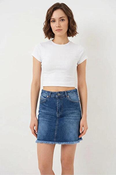 buğrahayalin Women's Tasseled Mini Cotton Navy Blue Denim Skirt