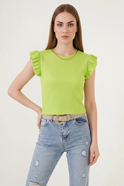Generic Brand Women's Chain Collar Ruffle Sleeve Pistachio Green Blouse