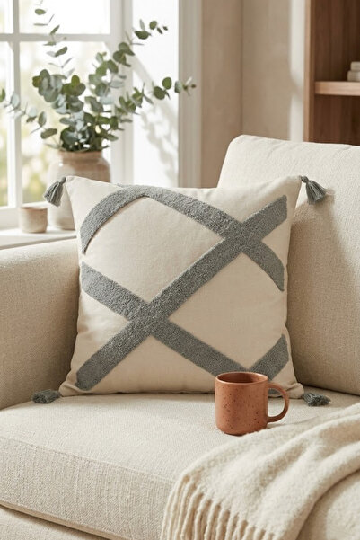 Valmia Home Διακοσμητικό κάλυμμα μαξιλαριού μποέμ με μοτίβο Punch και φούντες...