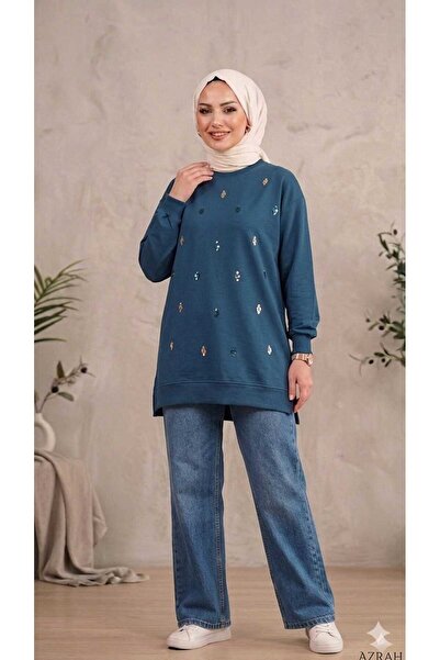 PEKA Women's Sequin Embroidered Crew Neck Sweatshirt with Side Slits - Tunic
