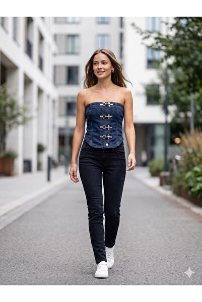 luzuze Kadın Denim Büstiyer - Metal Kanca Detaylı Jean Korse Yelek