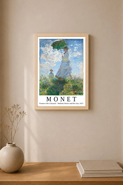 Desenova Tablou cu ramă din lemn natural cu posterul Femeie cu umbrelă de Monet
