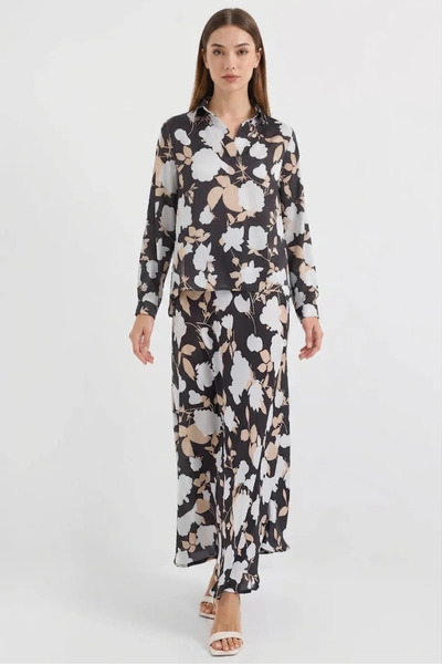 buğrahayalin Women's Shirt Collar Floral Patterned Satin Black Double Suit