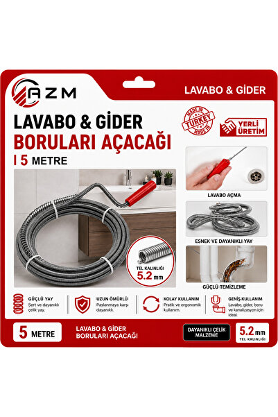 Azm Lavabo ve Boru Gider Açıcı 5 Metre Spiral Tıkanıklık Açma Teli Kanal Açıc...