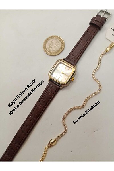 Brality Vintage Design Model, Gold Color Case, Silver Color Dial, Dark Brown ...