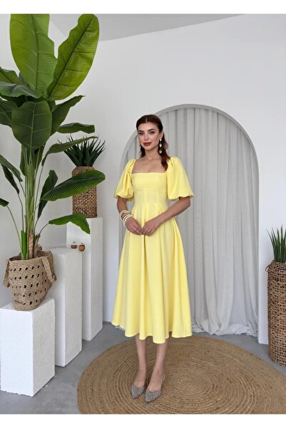 Caddebostan Moda Square Neck Balloon Sleeve Midi Dress with Bell Skirt - Styl...