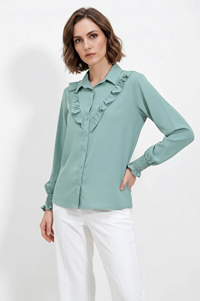 Efnaz style Women's Ruffled Collar Long Sleeve Green Shirt