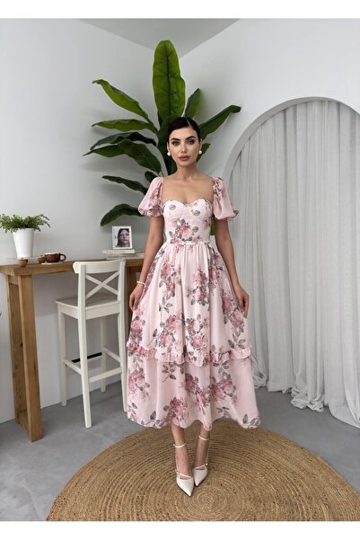 Caddebostan Moda Square Neck Floral Print Chiffon Midi Dress, Ruffle Short Sl...