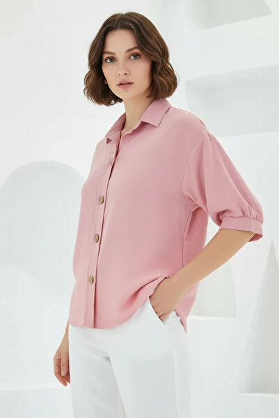 Efnaz style Women's Oversize Cut Short Sleeve Linen Pink Shirt