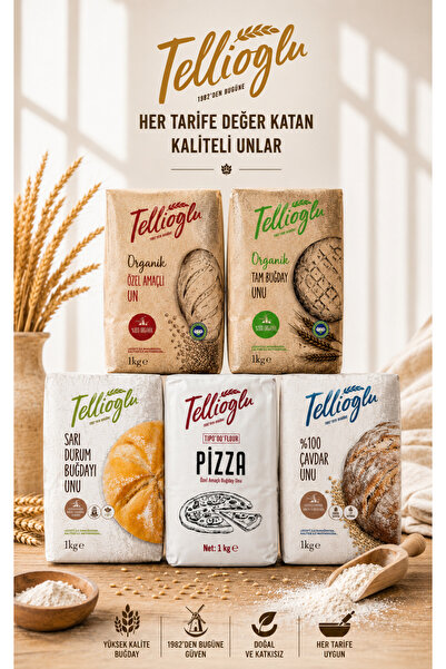 tellioğlu 5’Li Set Organik Tam Buğday/Özel Amaçlı/Sarı Durum/Pizza/Çavdar 5x1 Kg
