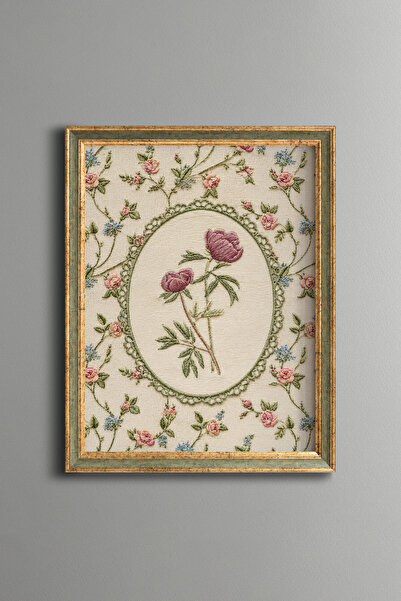 epiqart Embroidery-Look Peony Composition - Vintage Patterned Frame - Slim Model