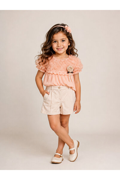 Trendline Girl's Salmon Guipure Detailed Top Blouse Linen Shorts Set