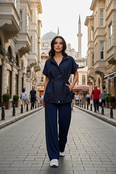 KAYS طقم نسائي فاخر من قطعتين، بلوزة بأزرار وسروال واسع الساق مع أربطة عند الخصر