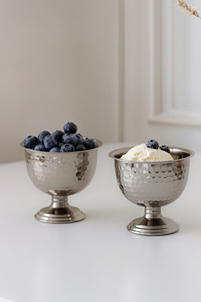 SİNEM YAMAN HOME Set of 2 Silver Metal Stands with Silver Forged Pattern Pres...