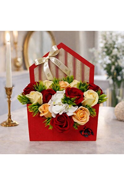 velve Envelo floral arrangement, soap roses and hydrangeas, in a red envelope...